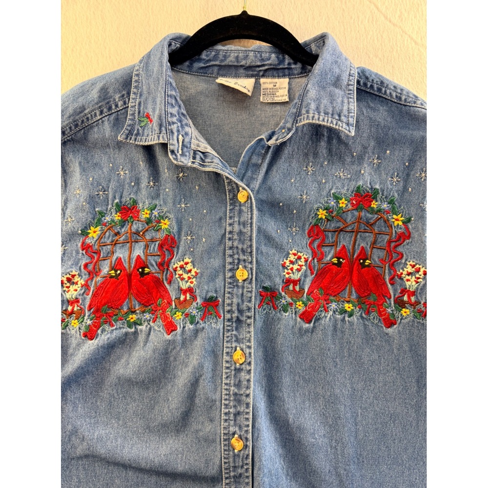 Bobbie Brooks Denim Button Up Shirt Embroidered Cardinals Winter Blue Womens M